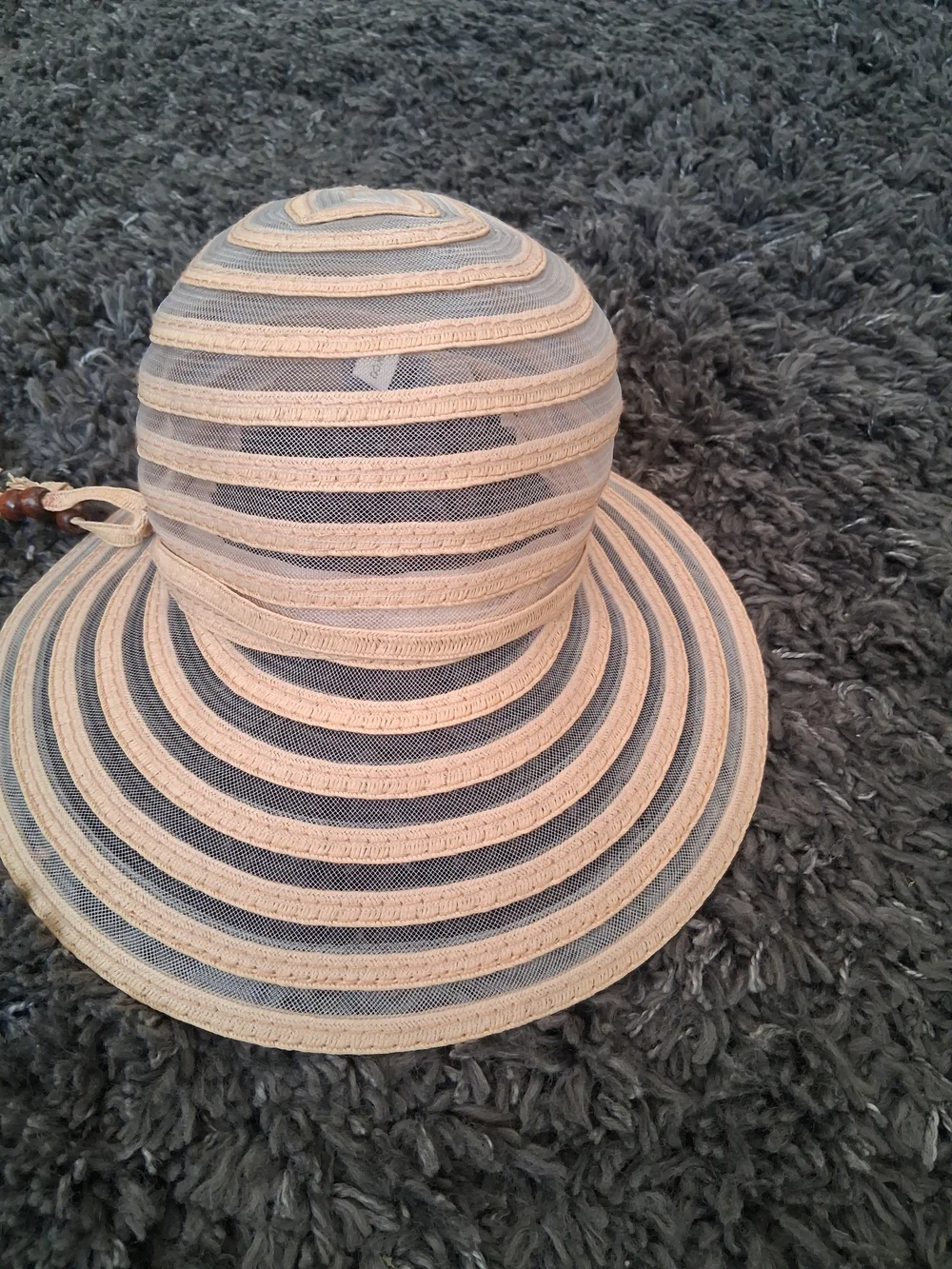 Striped Beige & Black Summer Sun Visor Hat with Decorative Bow